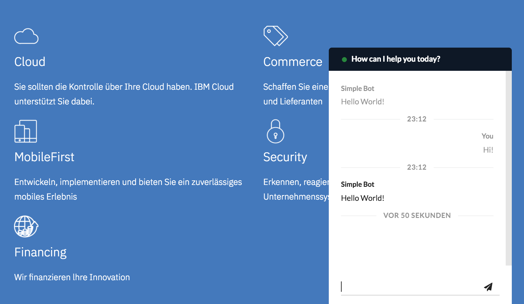 A simple Chat Window connected to OpenWhisk Chatbot Framework