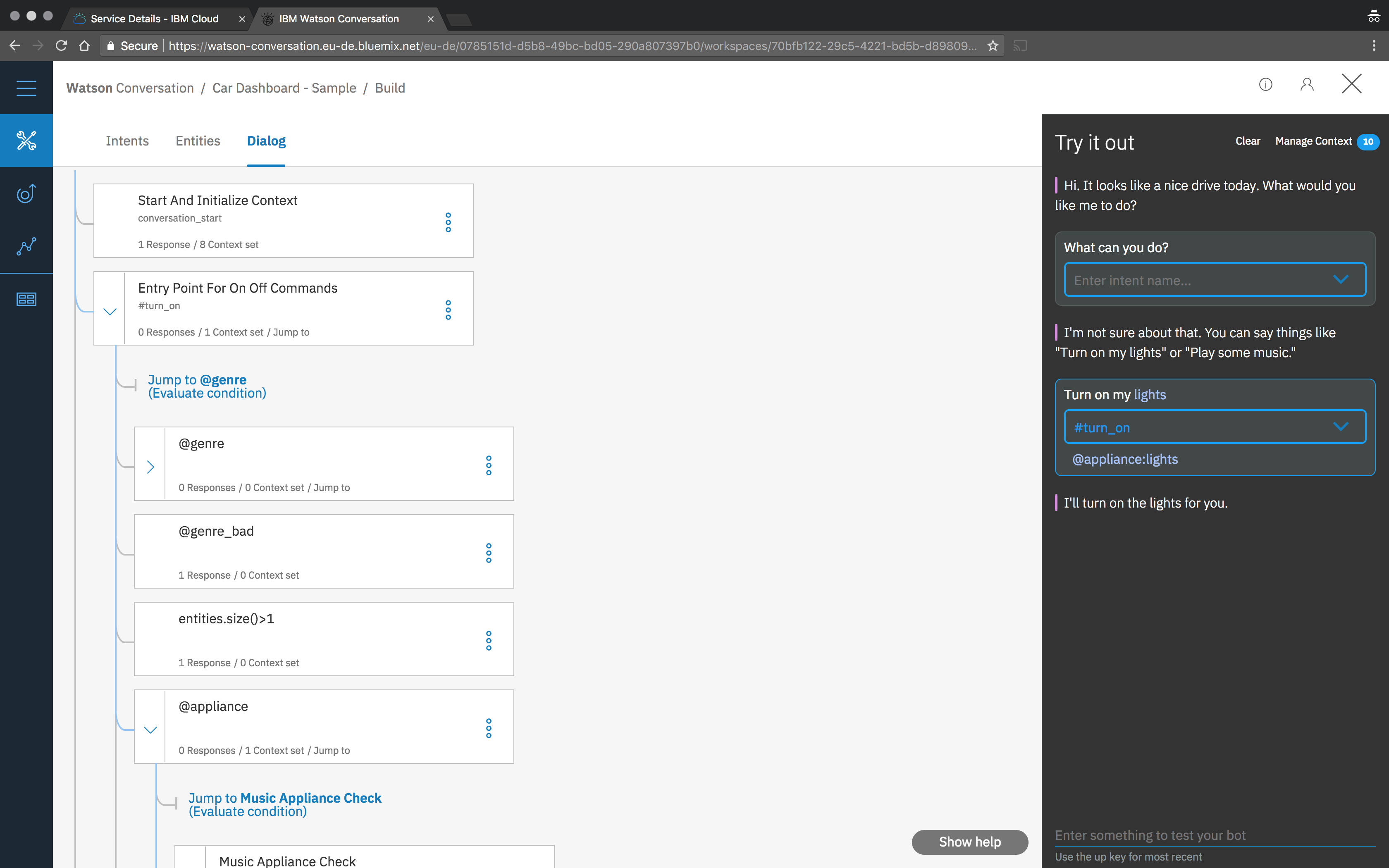 A Watson Conversation Service workspace
